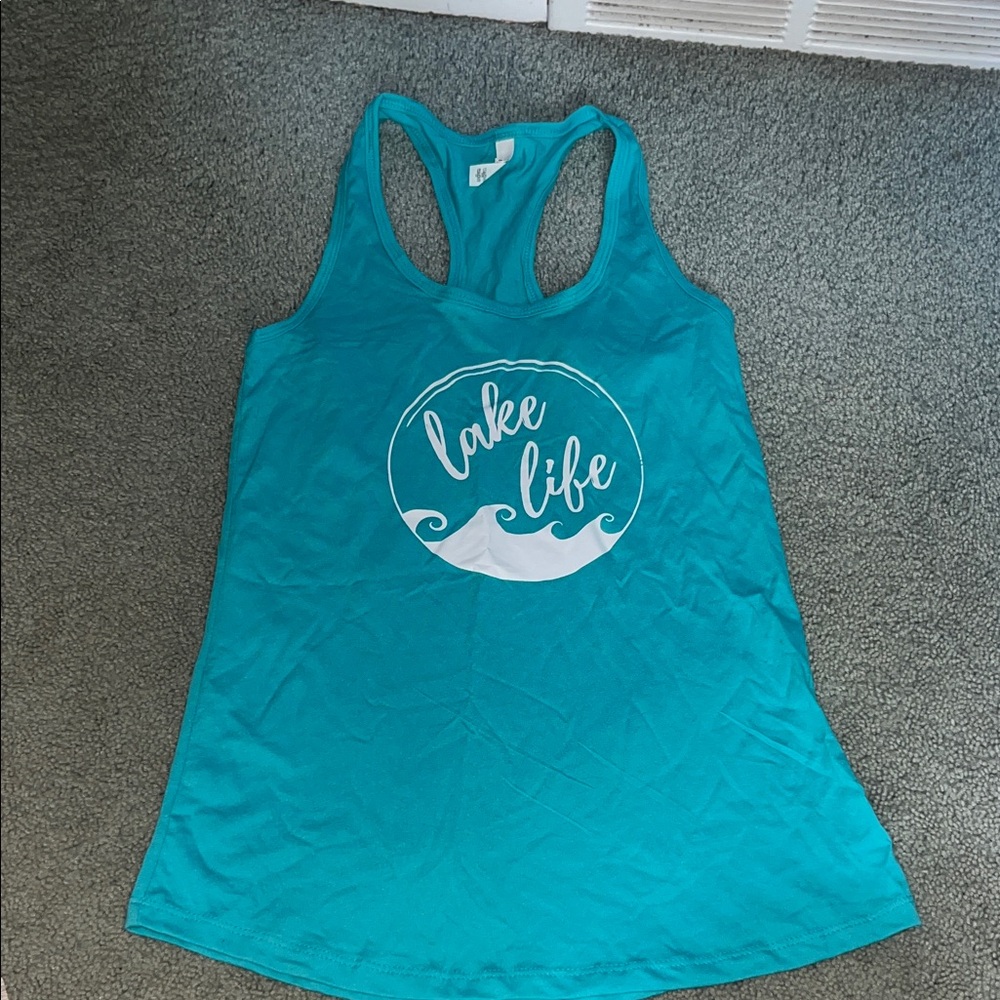 Teal Graphic Racerback Tank with White 'Lake Life' Print
